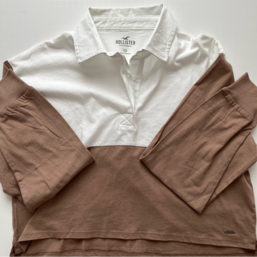 hollister white and brown long sleeve polo